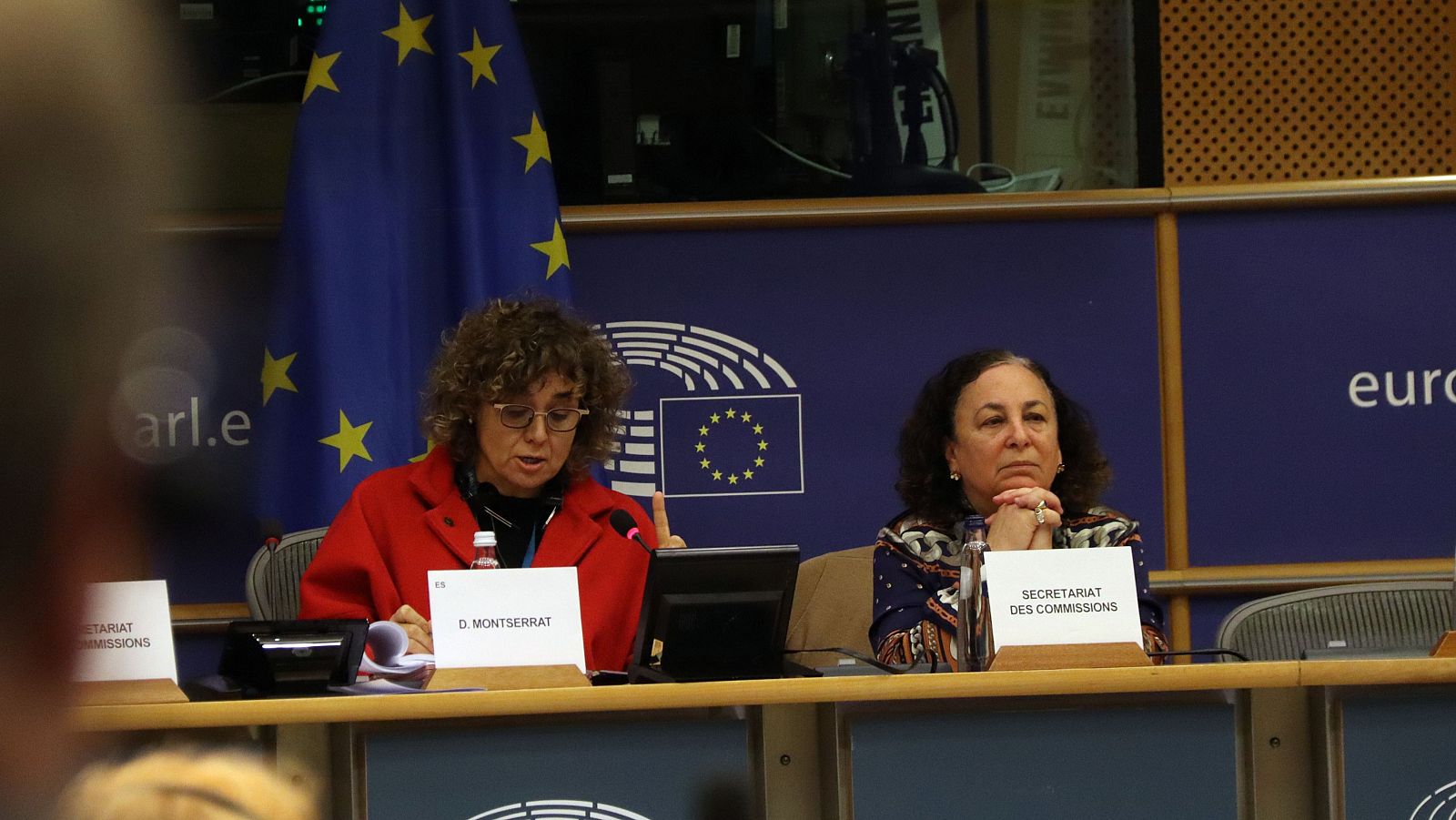 La presidenta del comitè de Peticions de l'Eurocambra, Dolors Montserrat, durant el debat de l'informe sobre la immersió lingüística a Catalunya. ACN
