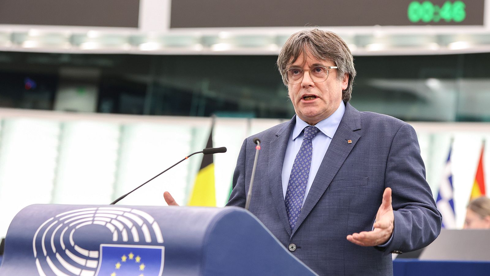 L'expresident de la Generalitat, Carles Puigdemont, durant la intervenció en el debat amb Sánchez a Estrasburg el 13 de desembre.