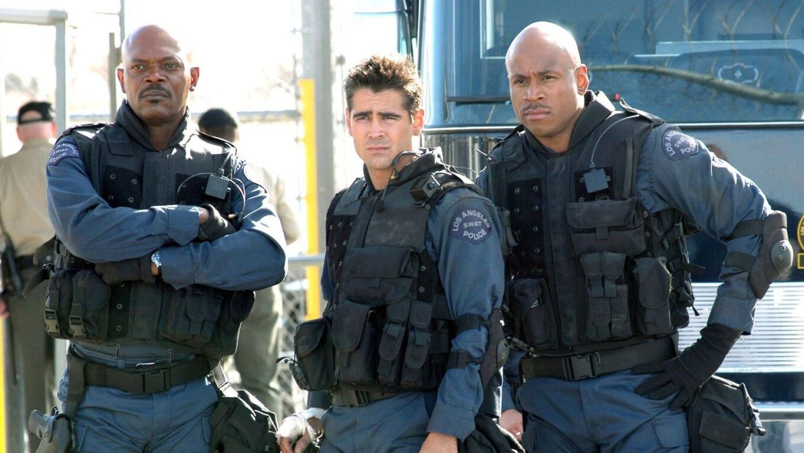 Samuel L Jackson y Collin Farrell con LL Cool J en SWAT