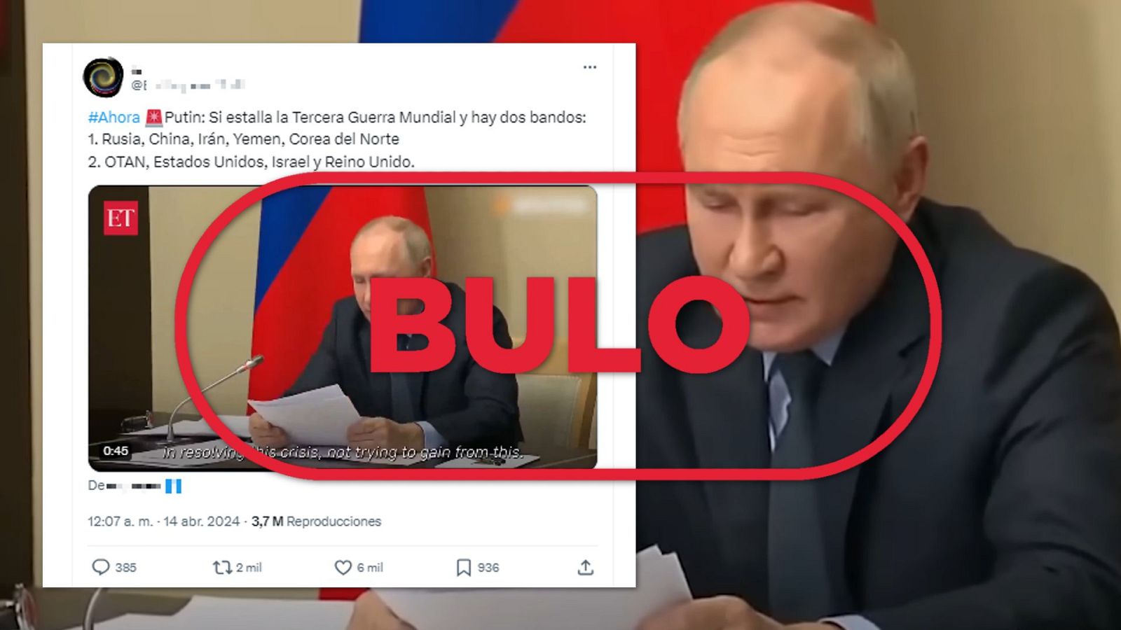 Putin no hablado de una "tercera guerra mundial" tras el ataque de Irán a Israel, es un bulo