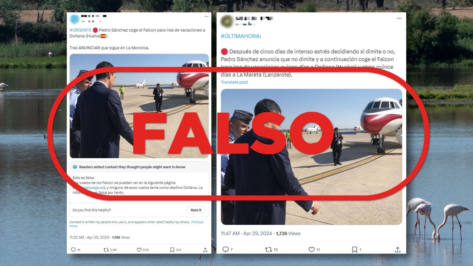 Es falso que Pedro Sánchez se haya ido de vacaciones en el Falcon tras anunciar que no dimite