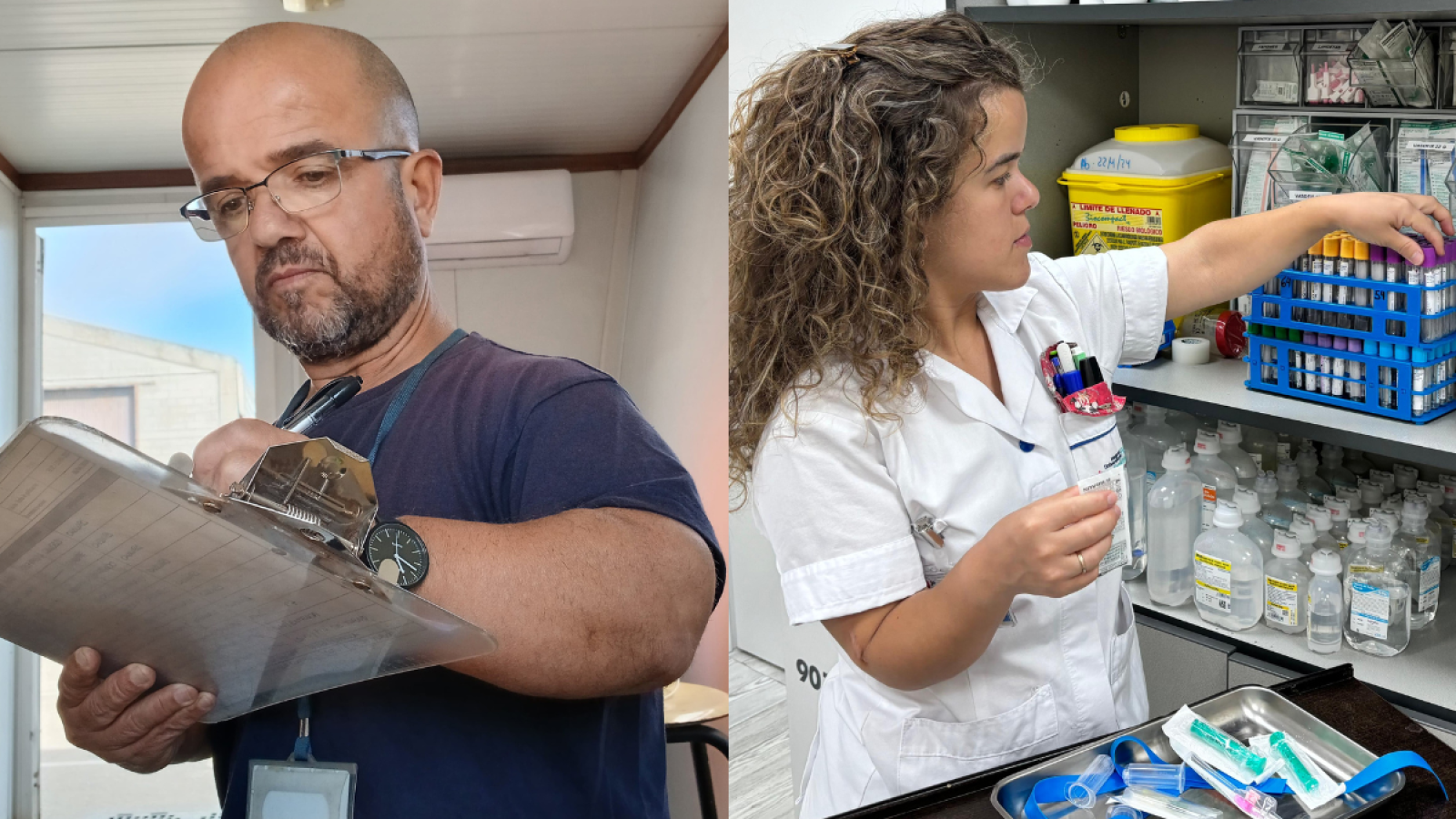 José Manuel (izquierda) y Raquel (derecha), dos personas con acondroplasia trabajando como controlador de accesos y enfermera, respectivamente.