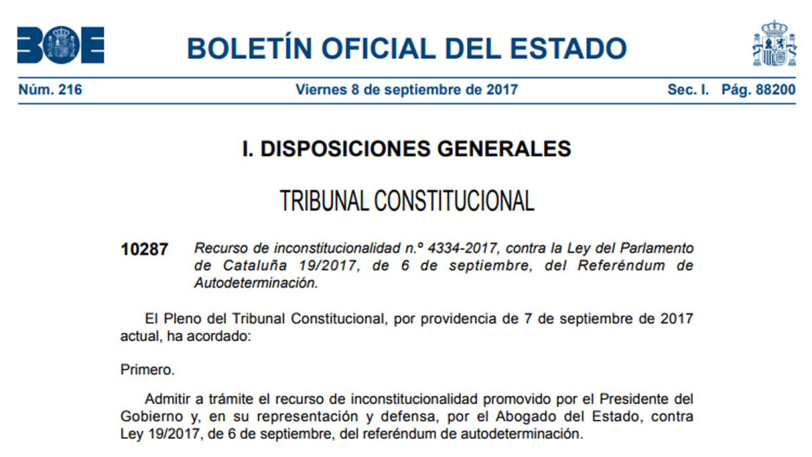 El BOE publica este viernes la suspensión de la ley del referéndum
