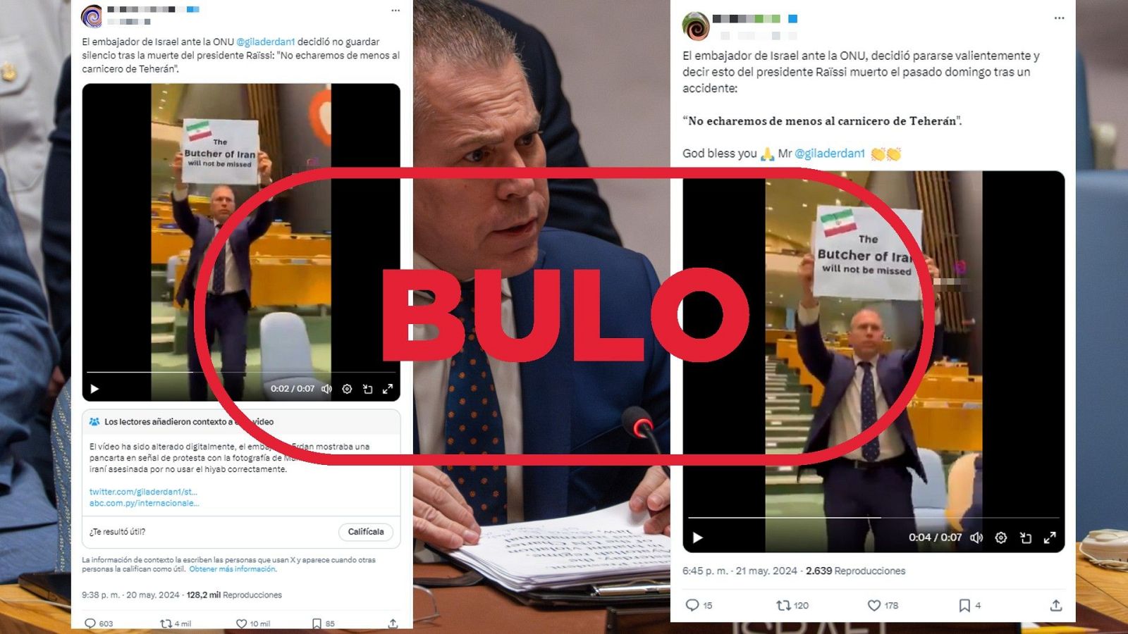 El embajador de Israel ante la ONU no celebra la muerte del presidente de Irán con este cartel, es un bulo