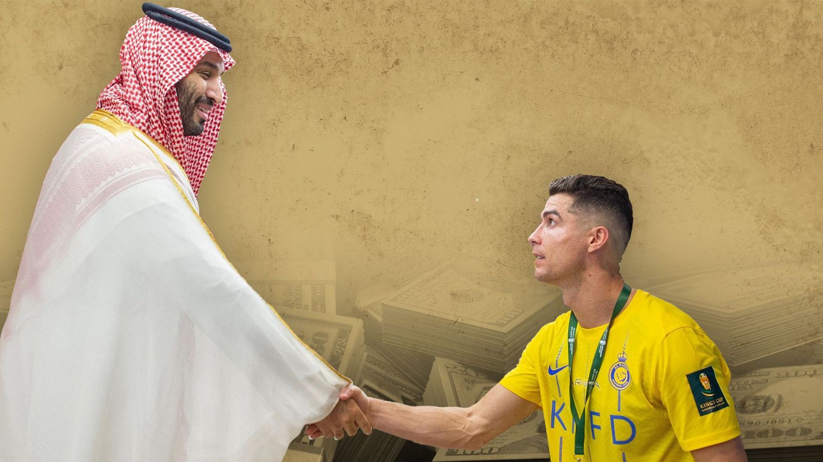 Cristiano Ronaldo y el príncipe Mohammed bin Salman dándose la mano
