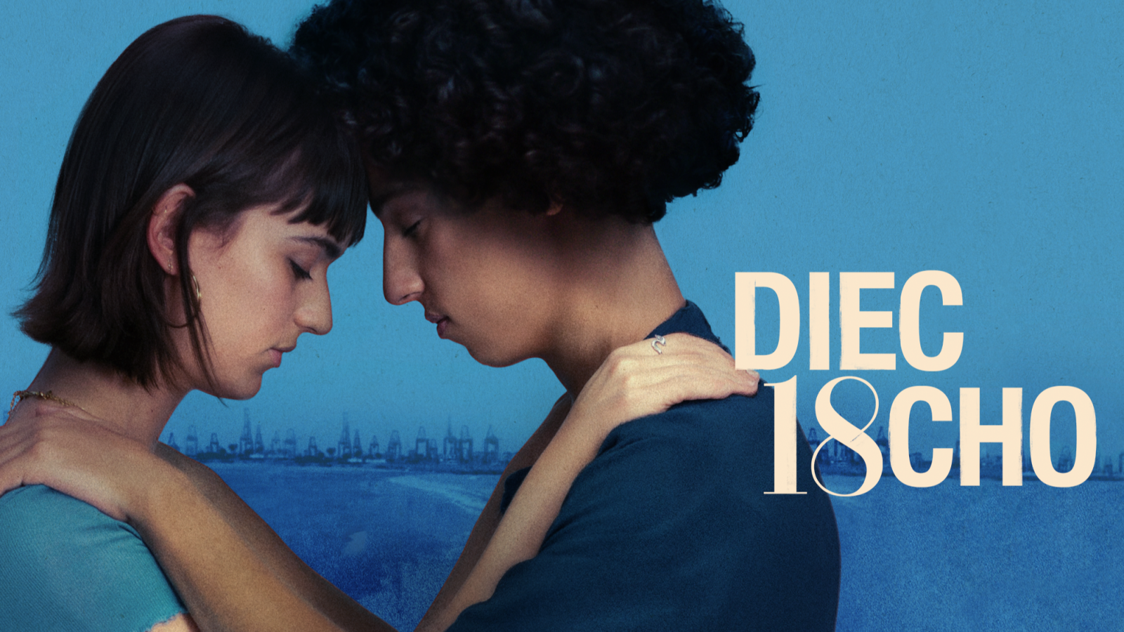 Abrazos de dos adolescentes sobre fondo azul con silueta de ciudad. Título: "DIECIOCHO".  Pie de foto: "Commercial".