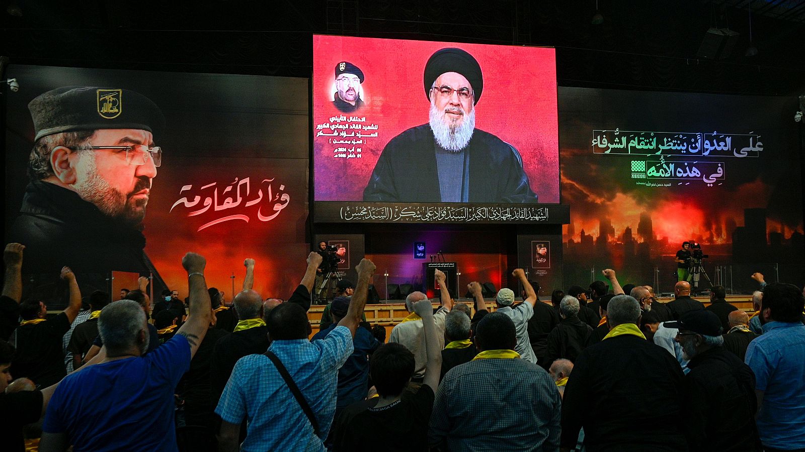 El líder de Hizbulá durante el discurso televisado en la ceremonia conmemorativa por del asesinato del alto comandante, Fuad Shukr