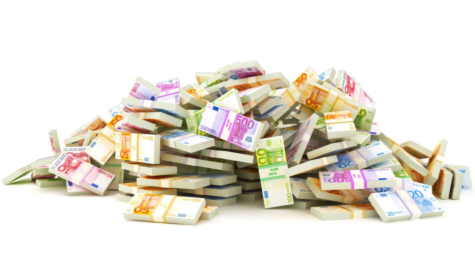 Fajos de billetes de euro de distintas denominaciones