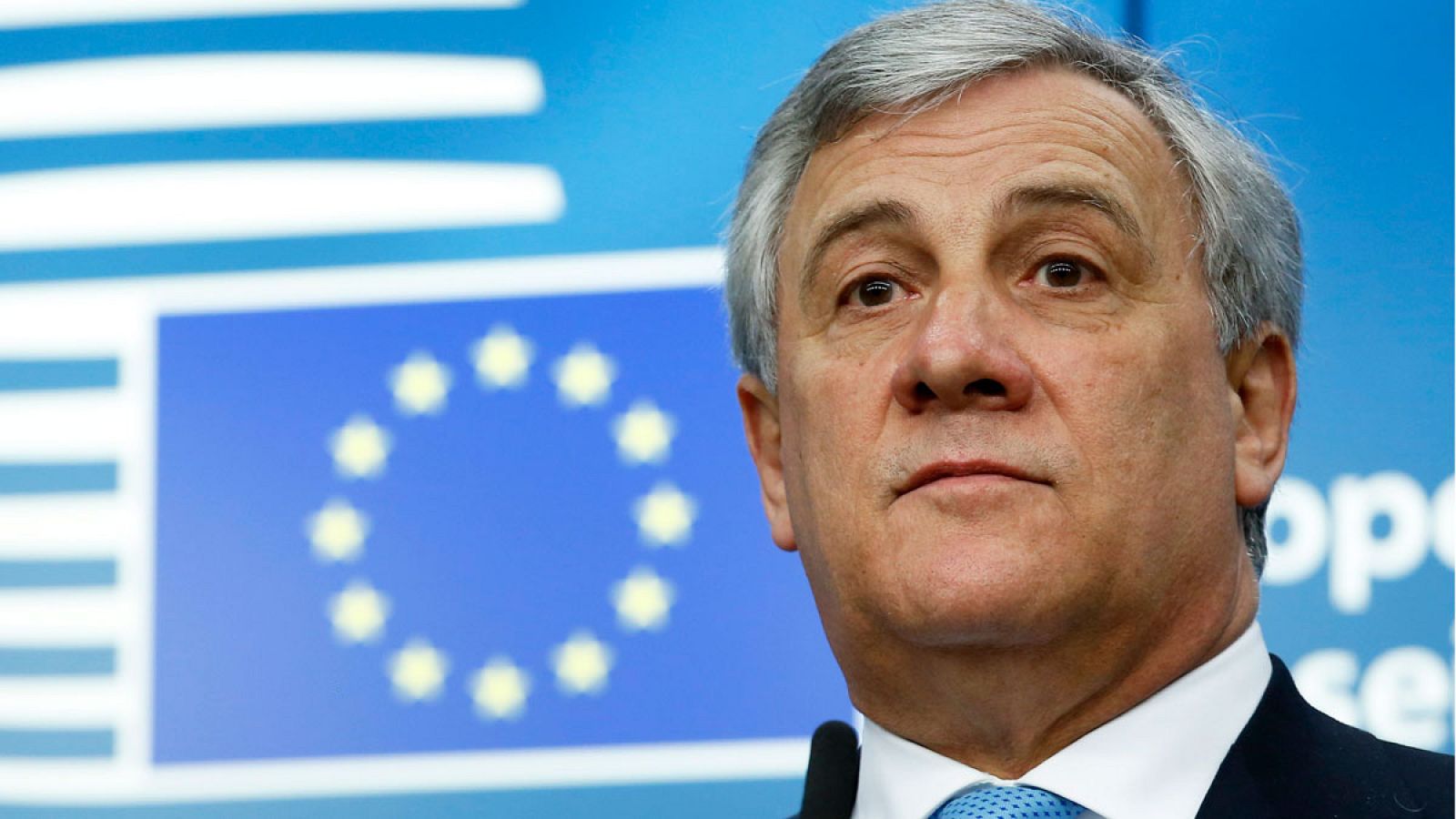 El presidente del Parlamento Europeo, Antonio Tajani, en una rueda de prensa durante el Consejo Europeo que se celebró en marzo