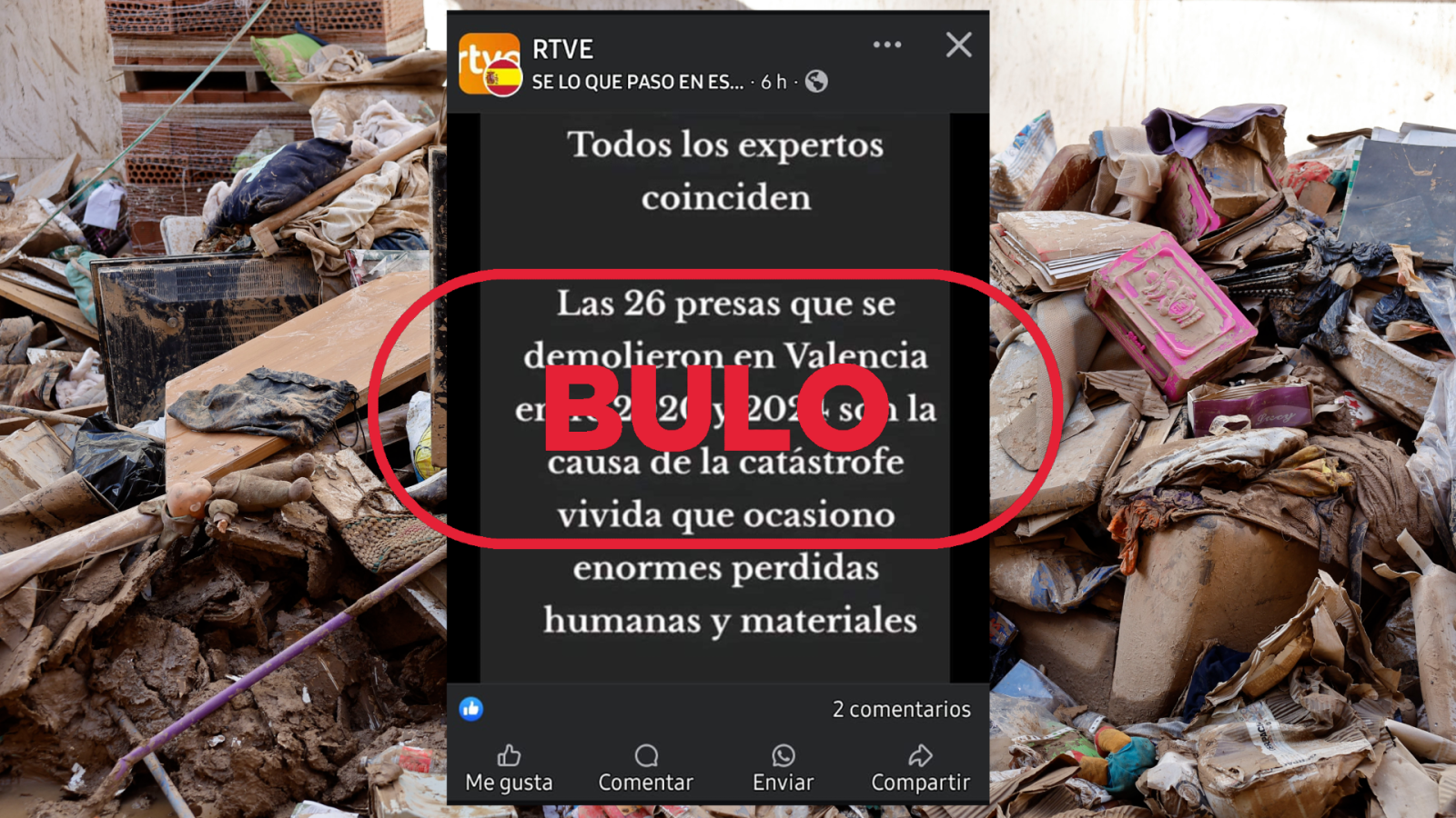 Captura de una publicación falsa en Facebook, atribuida a RTVE, sobre la causa de una catástrofe en Valencia.