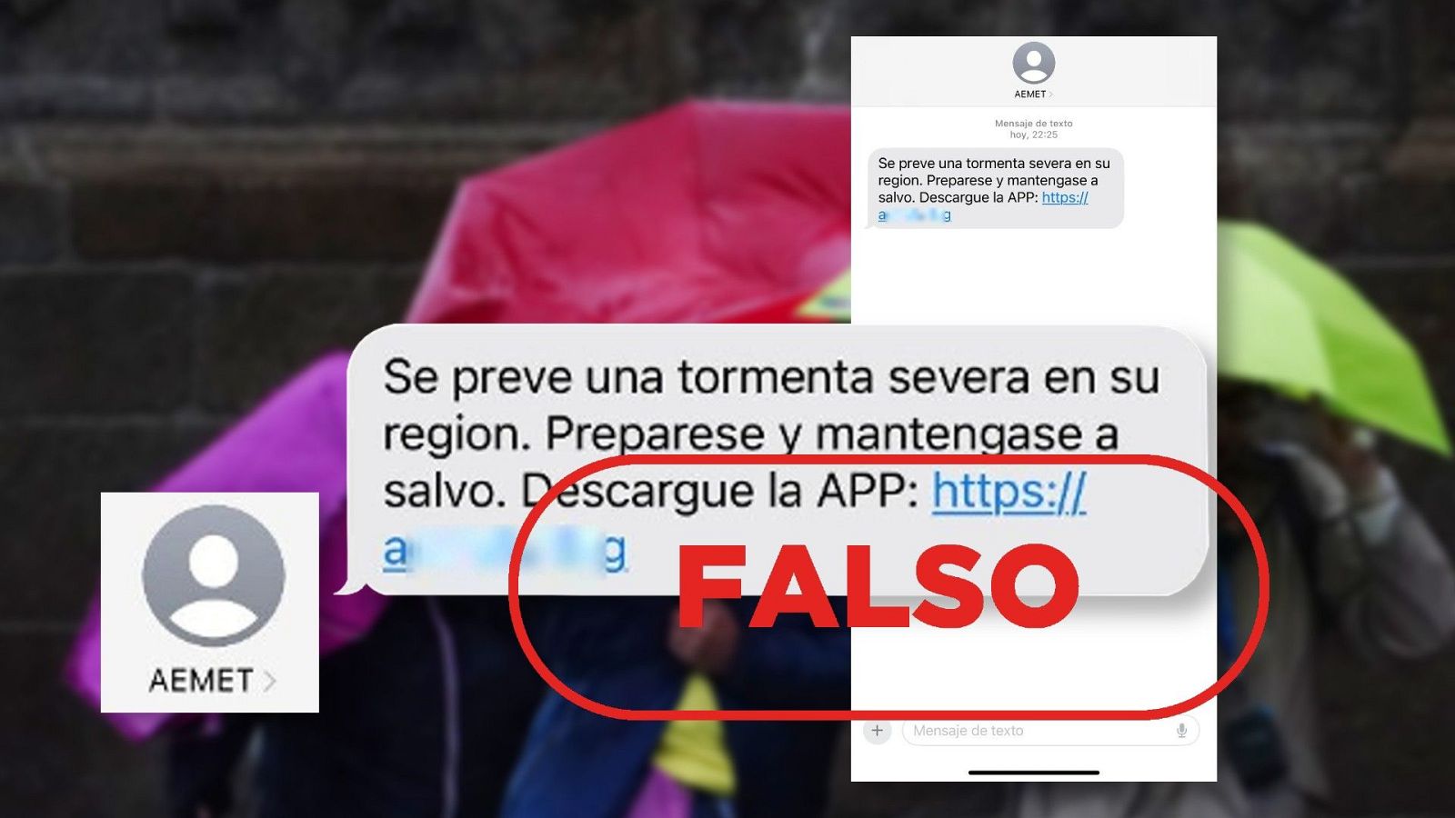 SMS falso de la AEMET alertando de tormenta y pidiendo descargar una app.