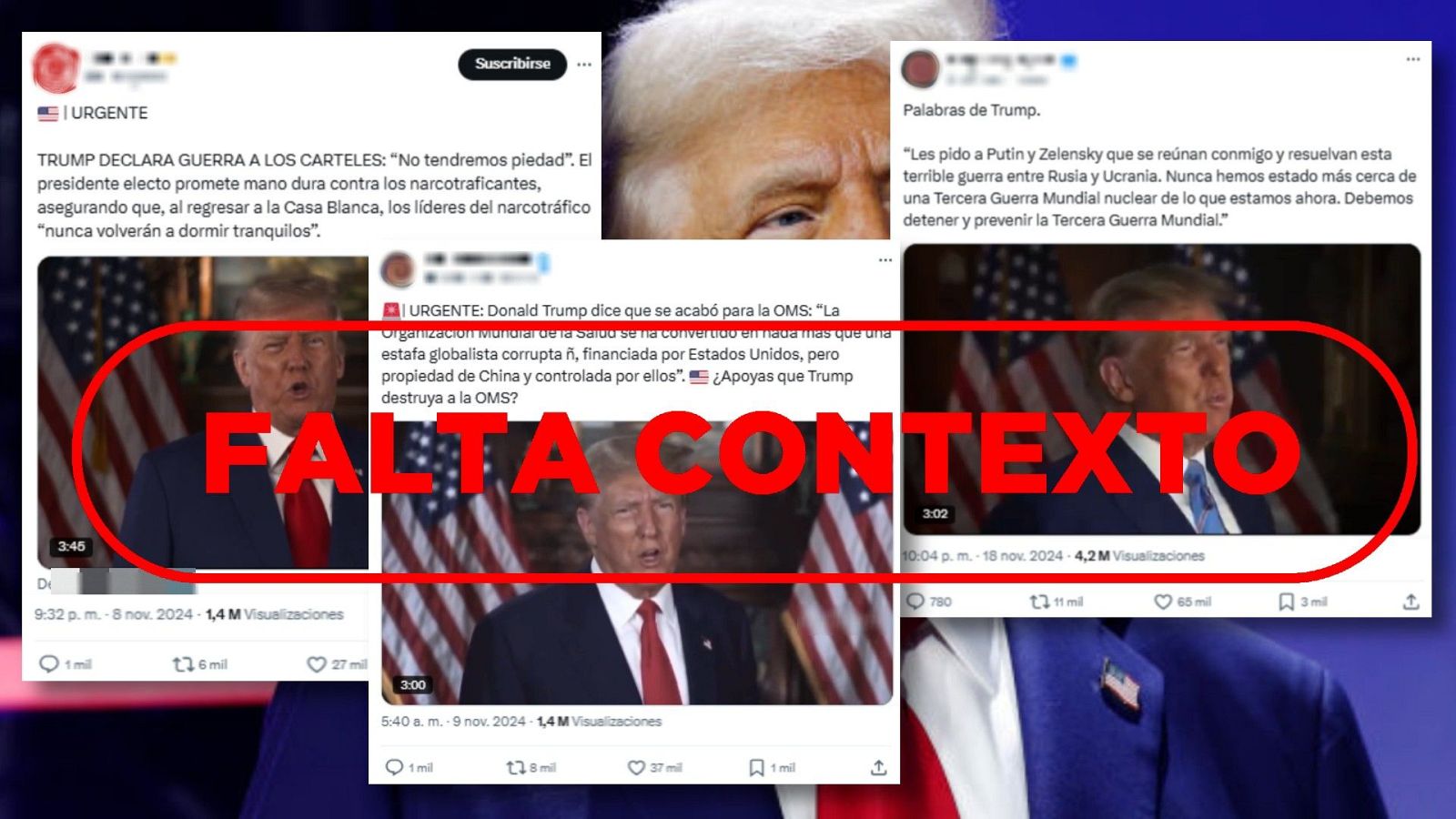 Capturas de publicaciones de redes sociales sobre Donald Trump (noviembre 2024) marcadas como "FALTA CONTEXTO".  RTVE advierte que los vídeos son de 2023. Verifica la información.
