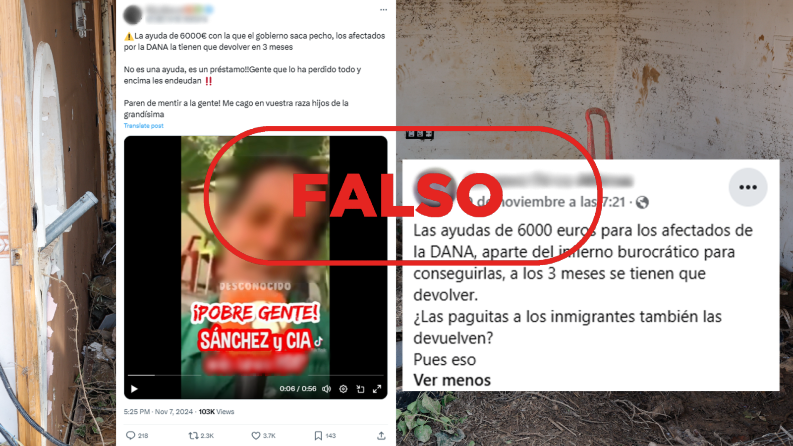 Publicación falsa en redes sociales sobre la devolución de las ayudas por la DANA, con un vídeo de una persona no identificada.