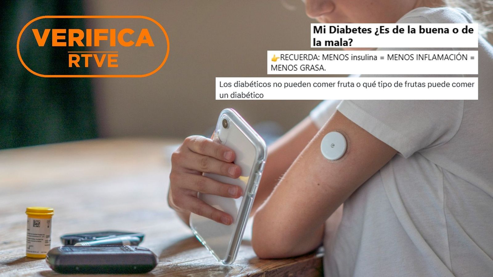 Reportaje de Verifica RTVE sobre diabetes: una persona consulta información en su móvil con un sensor de glucosa en el brazo.