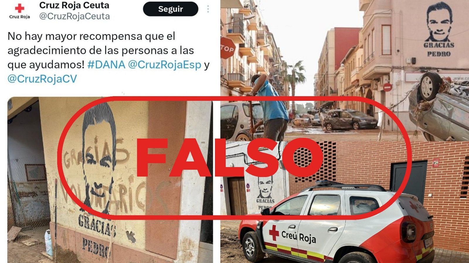 Bulo desmentido: pintadas de agradecimiento a Pedro Sánchez tras la DANA en Valencia. Falso.