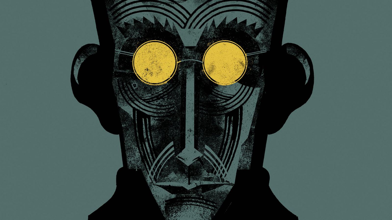 Ilustración abstracta del rostro de Samuel Beckett con gafas redondas amarillas, portada del cómic 'Samuel & Beckett'.