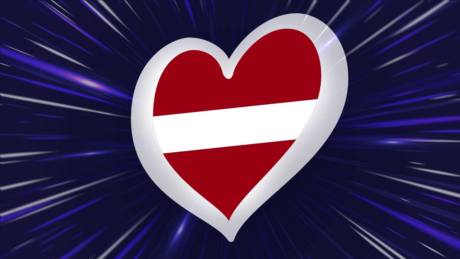 Bandera de Letonia en forma de corazón sobre fondo azul con destellos, representando al país en Eurovisión.
