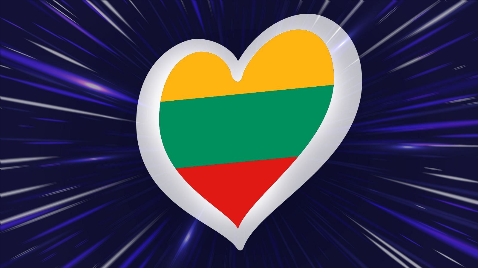Bandera de Lituania con forma de corazón sobre un fondo azul oscuro con destellos, representando su participación en Eurovisión.