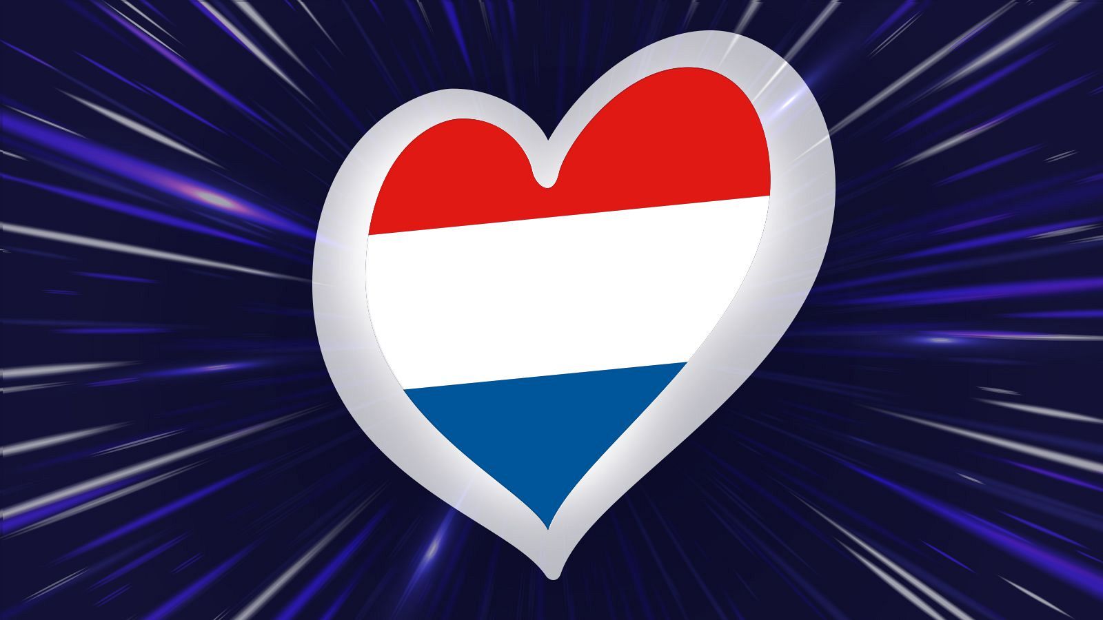 Bandera de los Países Bajos en forma de corazón sobre un fondo azul oscuro con destellos, símbolo de su participación en Eurovisión.