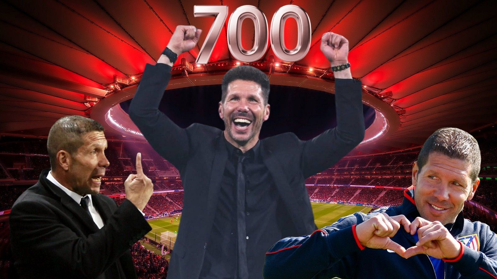Celebración de los 700 partidos de Diego Simeone como entrenador del Atlético de Madrid.  Se muestran imágenes de Simeone celebrando, en traje y con ropa deportiva.