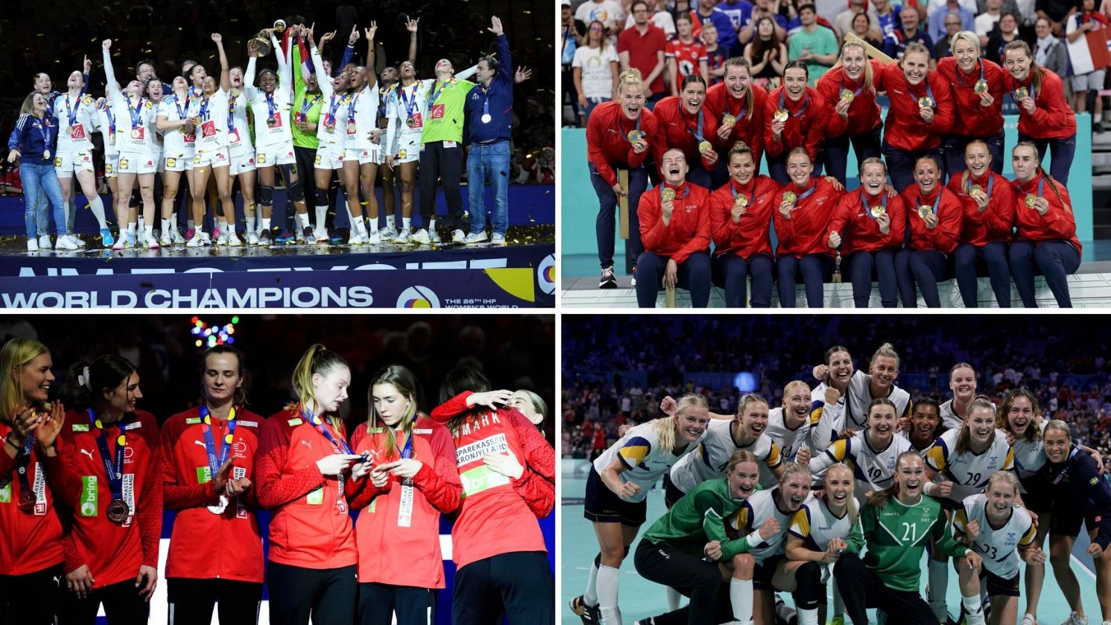Equipos de balonmano femenino, posibles favoritas para el Europeo 2024. Fotos muestran celebraciones con medallas y podios.