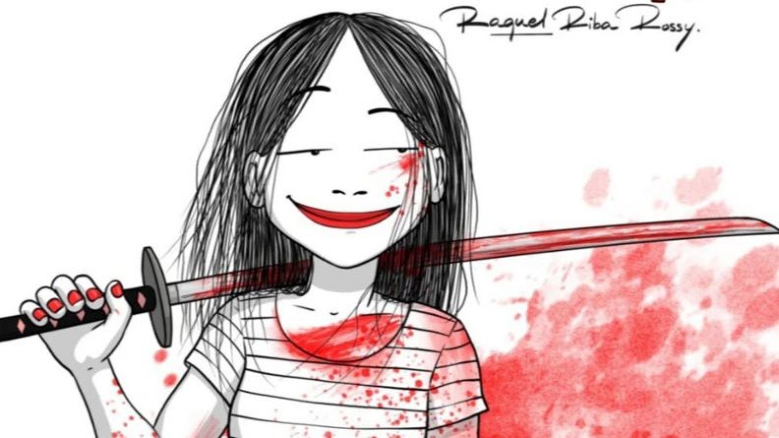 Lola Vendetta, sonriente y ensangrentada, empuña una katana. Portada del cómic de Raquel Riba Rossy.