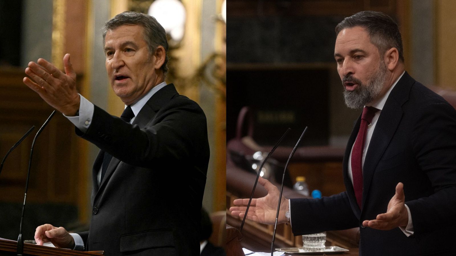 Feijóo (PP) y Espinosa de los Monteros (Vox) en el hemiciclo, hablando y gesticulando.  Titular: Acusaciones contra Sánchez por abandono a valencianos y uso de la DANA.