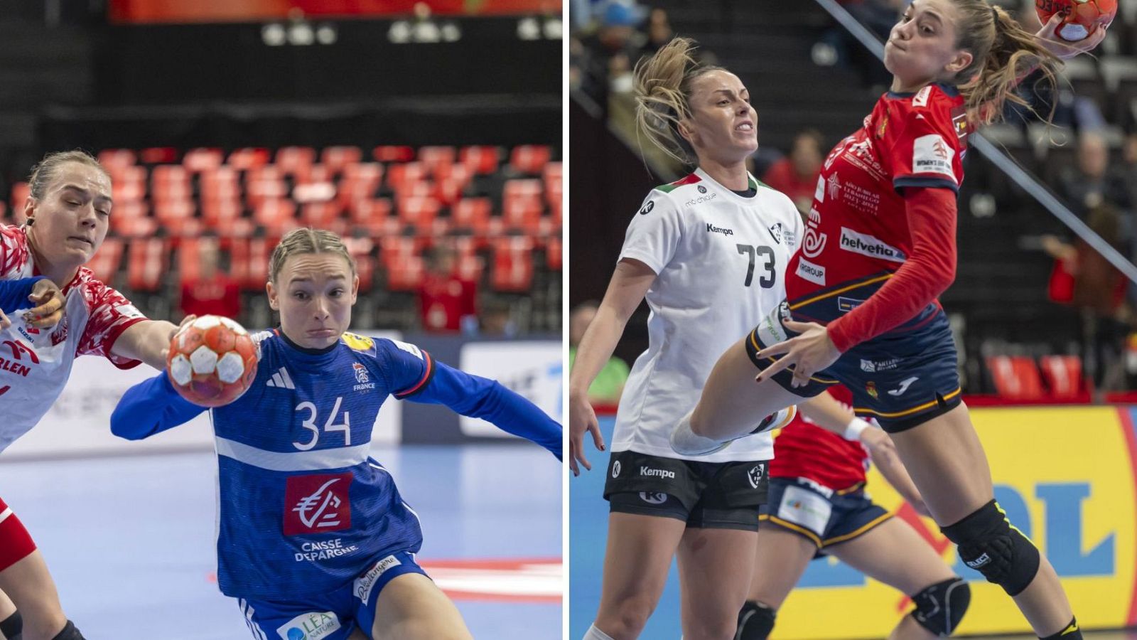 Partido España-Francia del Europeo Femenino de Balonmano.  Una jugadora francesa pasa el balón y una española salta para tirar a puerta.