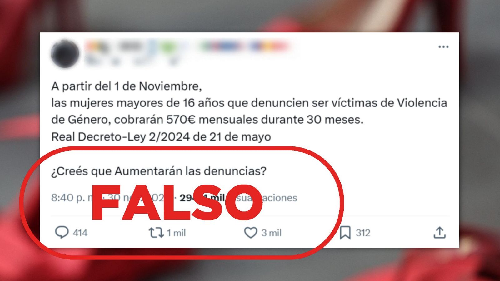 Imagen de una publicación en redes sociales desmentida como FALSA. Afirma una ayuda económica inexistente para víctimas de violencia de género, con miles de reacciones y compartidas.