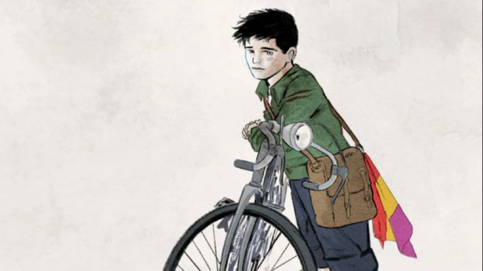 Niño con expresión triste apoyado en una bicicleta, con una bandolera y una pequeña bandera republicana. Portada del cómic "República".