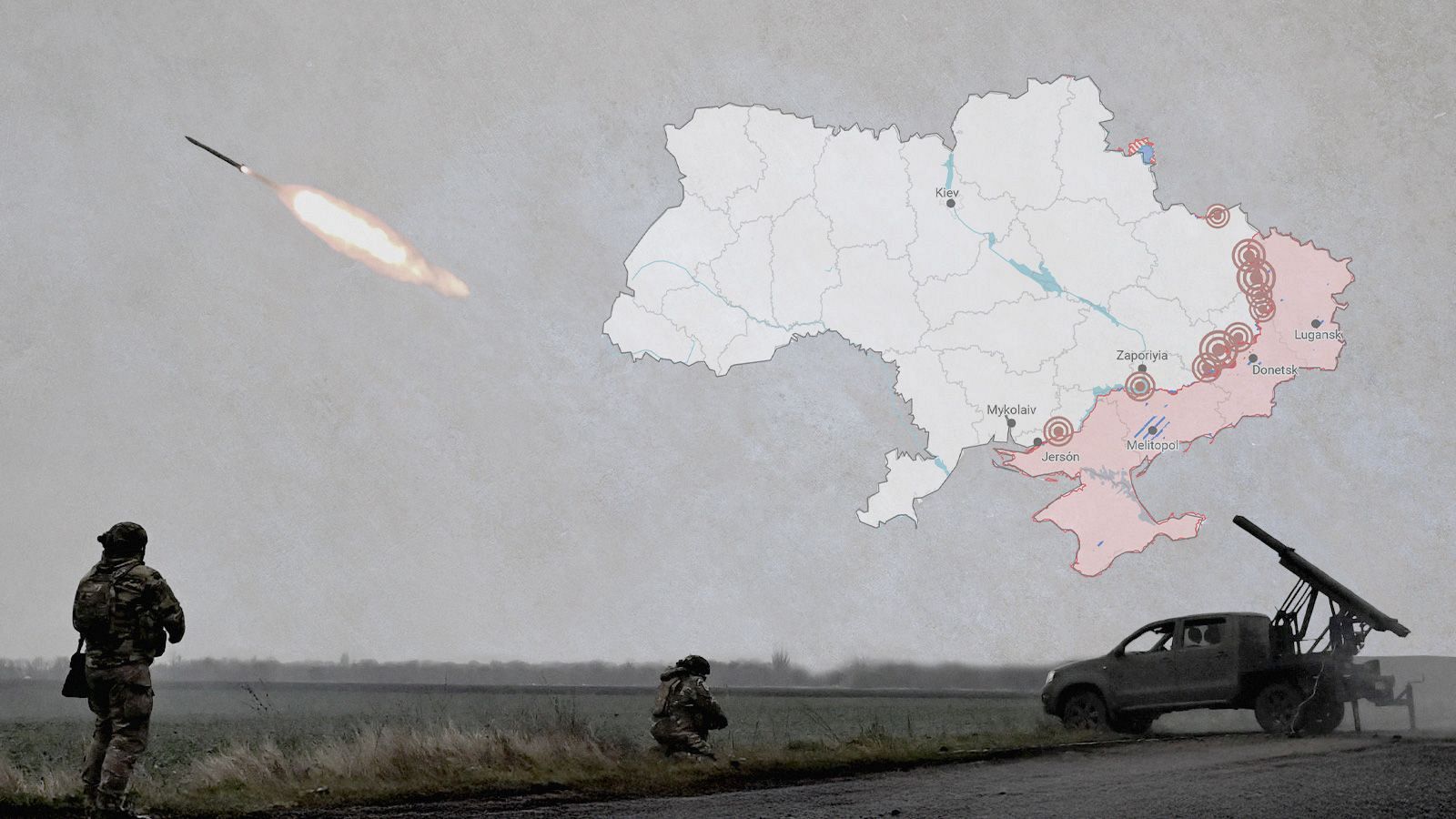 Lanzamiento de misil desde vehículo militar; dos soldados observan; mapa de Ucrania superpuesto muestra zonas de conflicto en el este y sur.