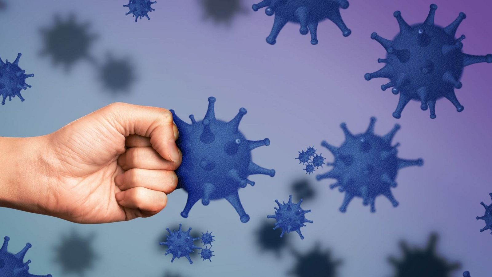 animación de virus con mano que los para