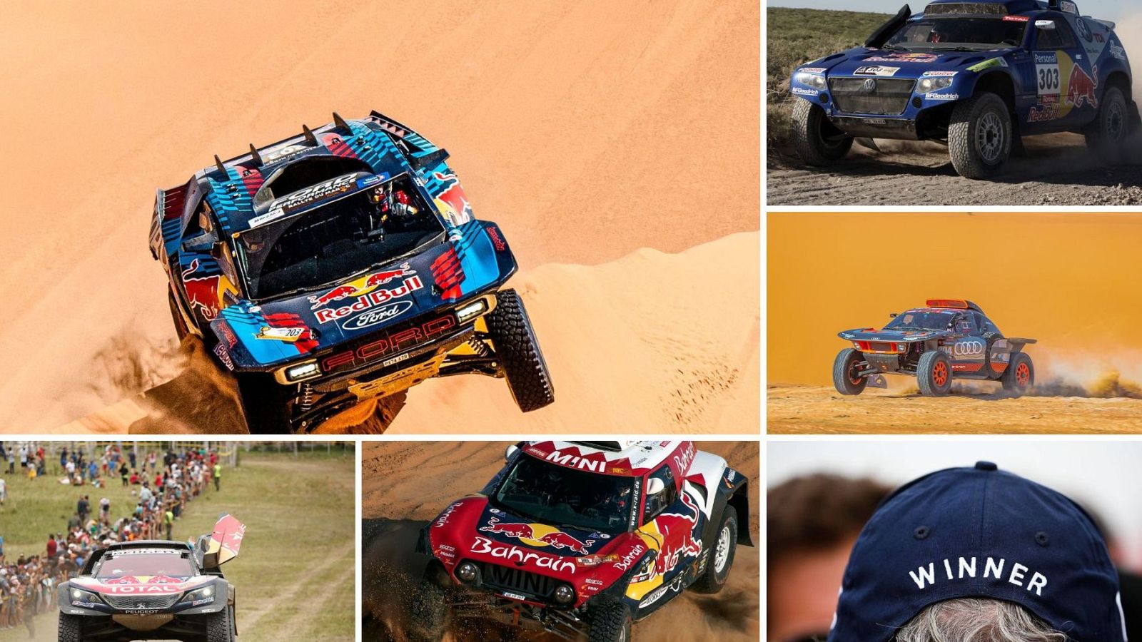 Collage de fotos del Rally Dakar: Ford Red Bull saltando, Volkswagen #303, Audi, Mini de Bahréin, Toyota y persona con gorra 'WINNER'.