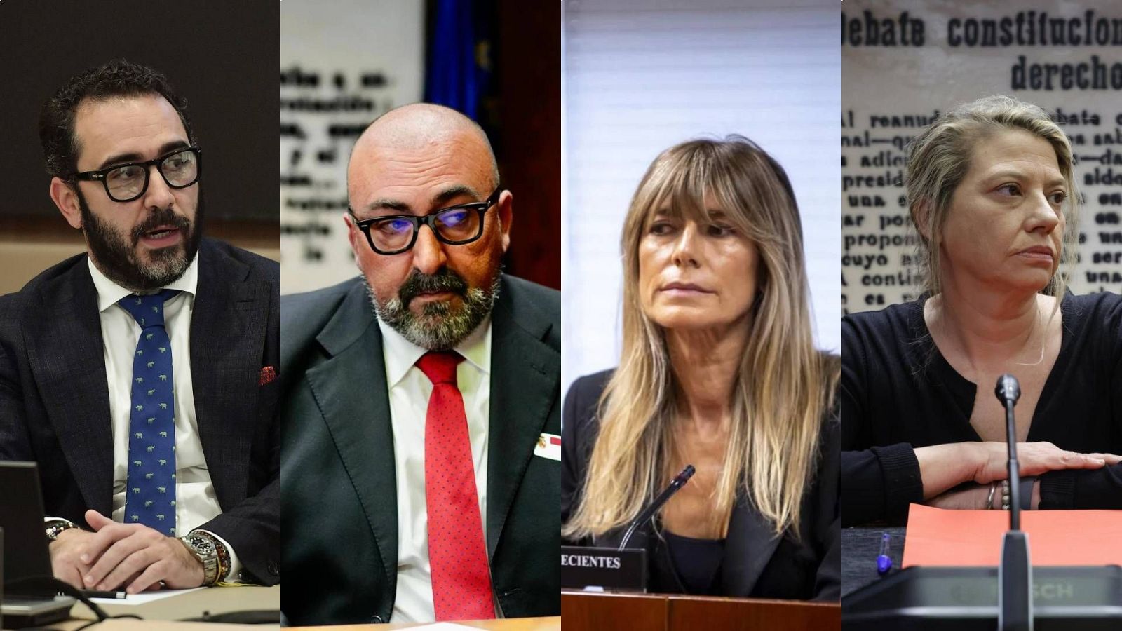 Cuatro retratos en collage: dos hombres con traje y gafas, dos mujeres con ropa oscura. Una mujer está junto a un micrófono y un documento; fondo con texto sobre debate constitucional.