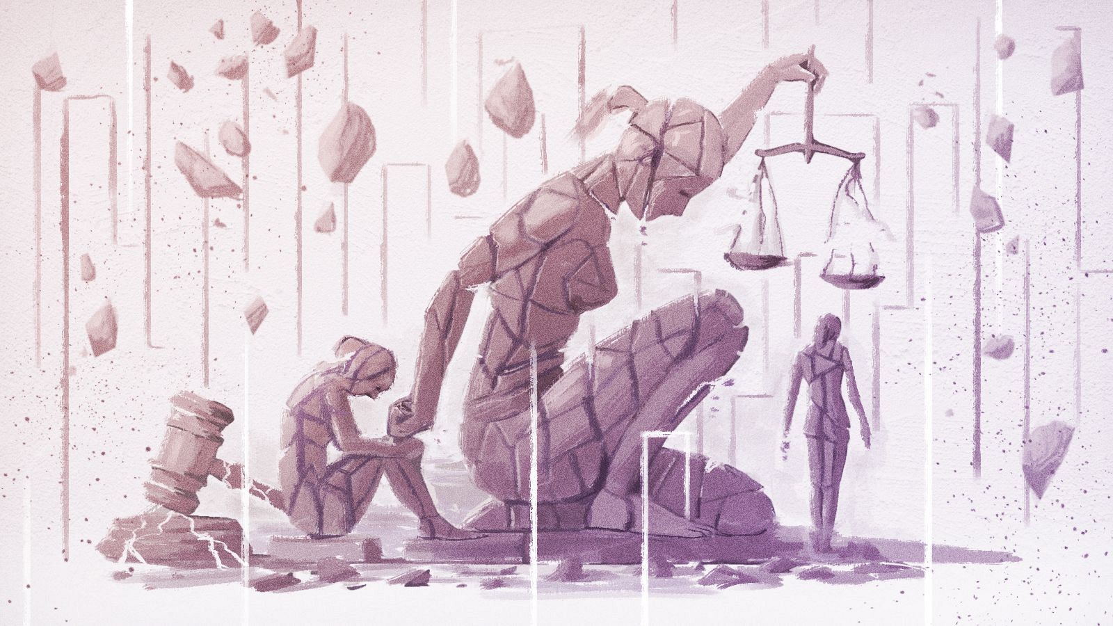 Imagen artística en tonos morados que simboliza la violencia de género, mostrando una balanza desequilibrada, una víctima y un mazo roto, representando las fallas del sistema.