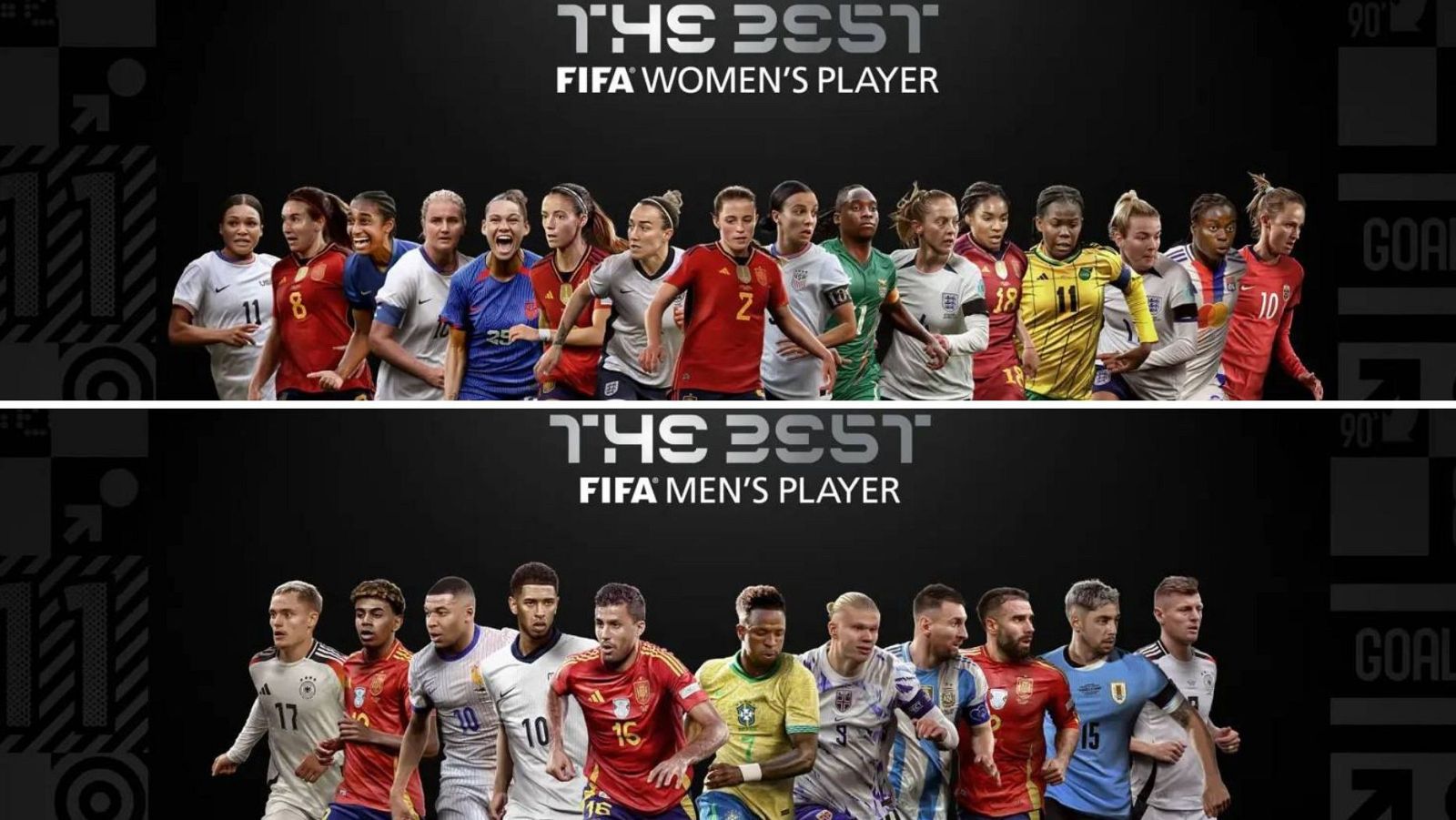 Nominados al premio 'The Best' FIFA, hombres y mujeres, con sus camisetas de selección.  Se ven los textos 'THE BEST FIFA WOMEN'S PLAYER' y 'THE BEST FIFA MEN'S PLAYER', además de 'GOAL' y '90'.