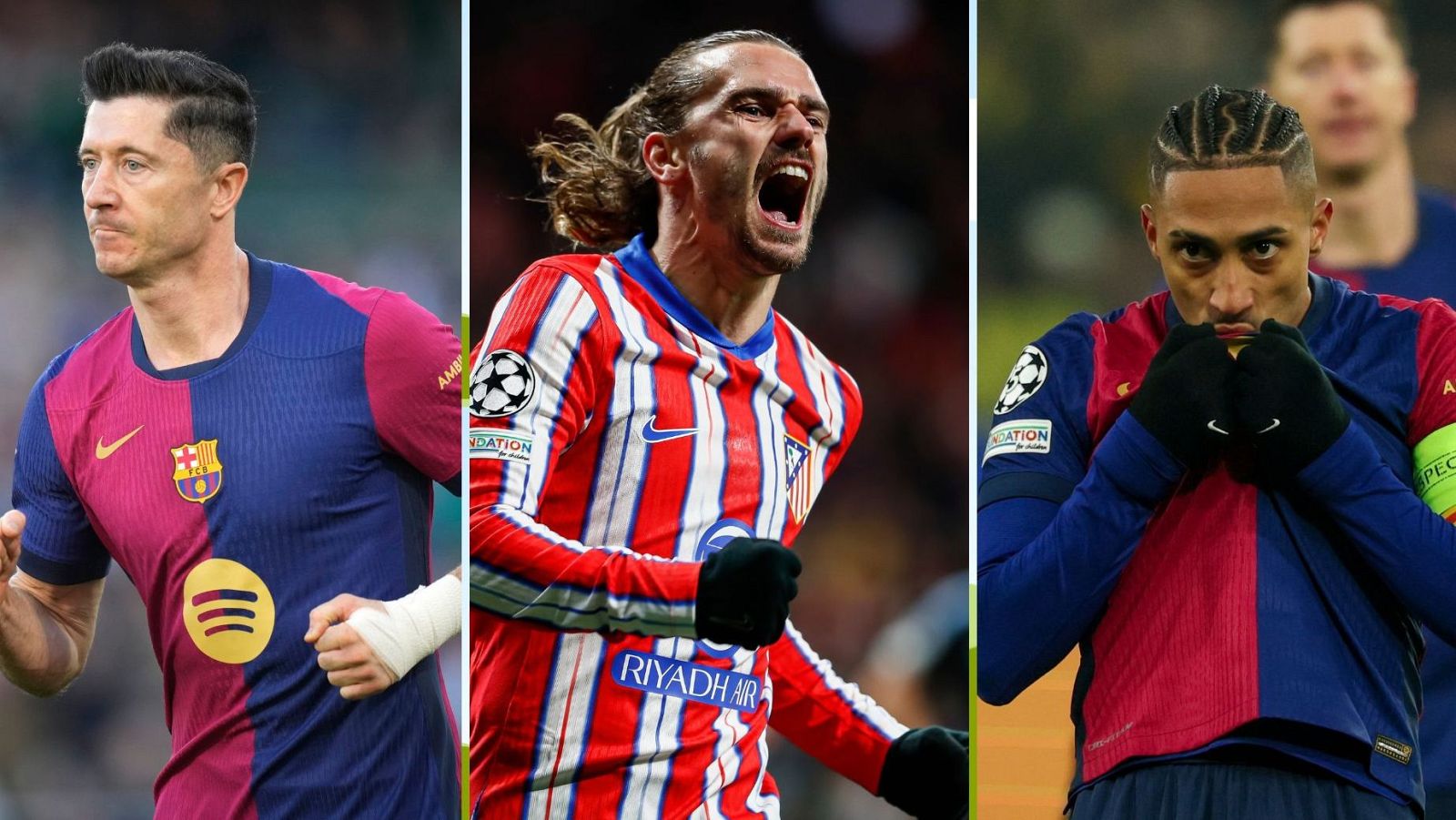 Tres jugadores de fútbol: uno en movimiento, otro celebrando y otro con gesto de concentración.  Llevan camisetas con el logo de la Champions League.