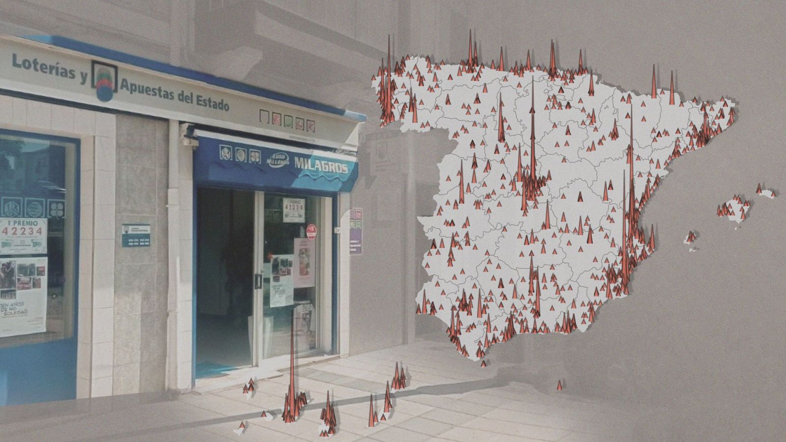 Administración de lotería "Milagros" con cartel "1er PREMIO 42234". Mapa de España con barras rojas mostrando distribución geográfica de premios.