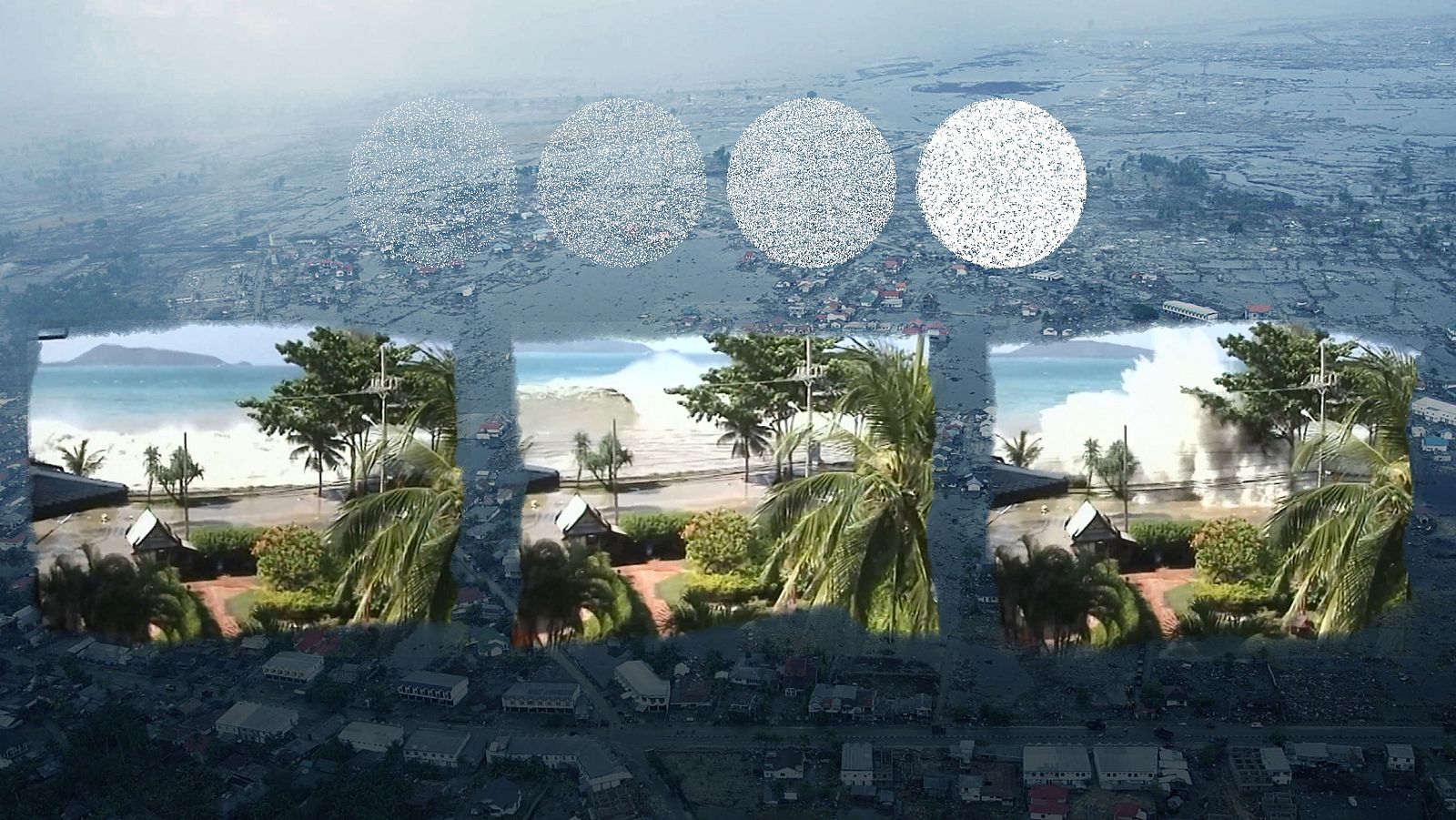 Vista aérea de la destrucción costera tras un tsunami y secuencia de cuatro imágenes mostrando el avance de una ola hacia la costa, impactando finalmente. Se observan palmeras, edificios y una carretera.