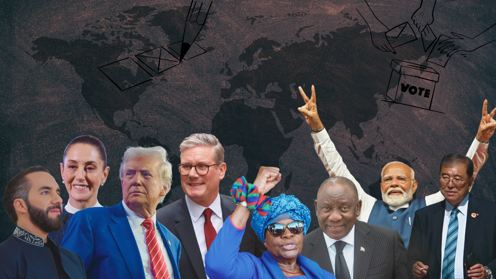 Líderes mundiales como Trump y Modi, junto a papeletas y una urna, sobre un mapa. Ilustra el panorama político internacional tras las elecciones de 2024.