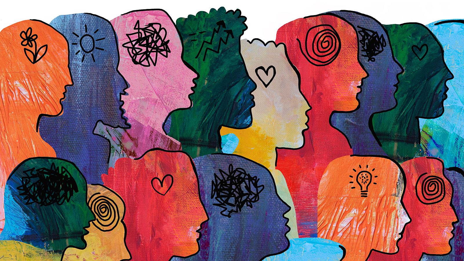 Perfiles de cabezas multicolores con símbolos de emociones y pensamientos para el programa "InquietaMENTE - Entrenamiento mental deportivo".