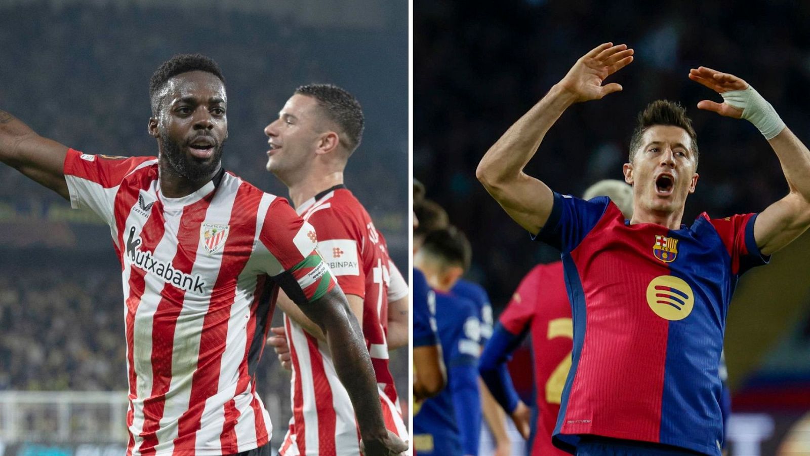 Celebración de gol del Athletic Club; un jugador del Barcelona muestra frustración.  Partido de fútbol con jugadores con dorsales visibles.