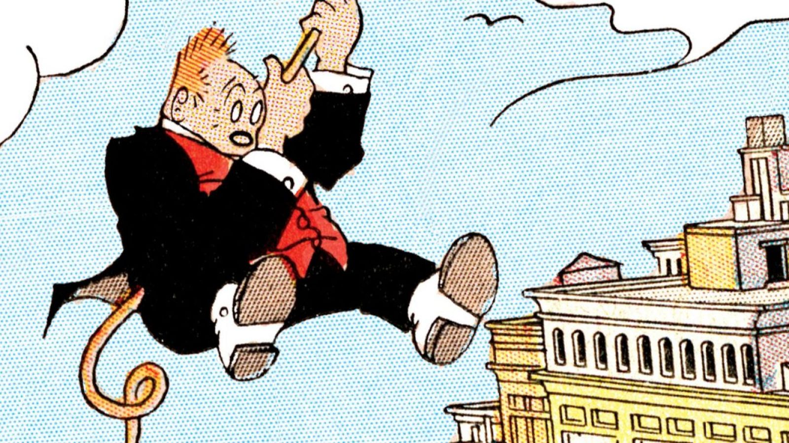 Hombre en traje flotando sobre un edificio, sosteniendo un lápiz.  Portada de cómic con estilo cómico/surrealista.