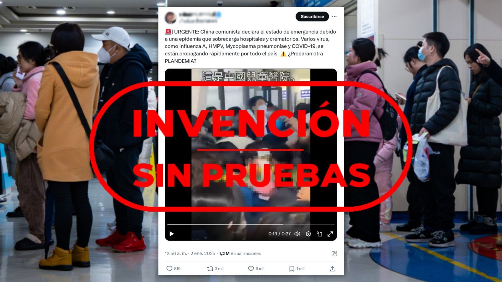 Tweet que afirma estado de emergencia en China por epidemia viral, desmentido por titular que lo califica de invención.  Imagen muestra sala de espera concurrida.