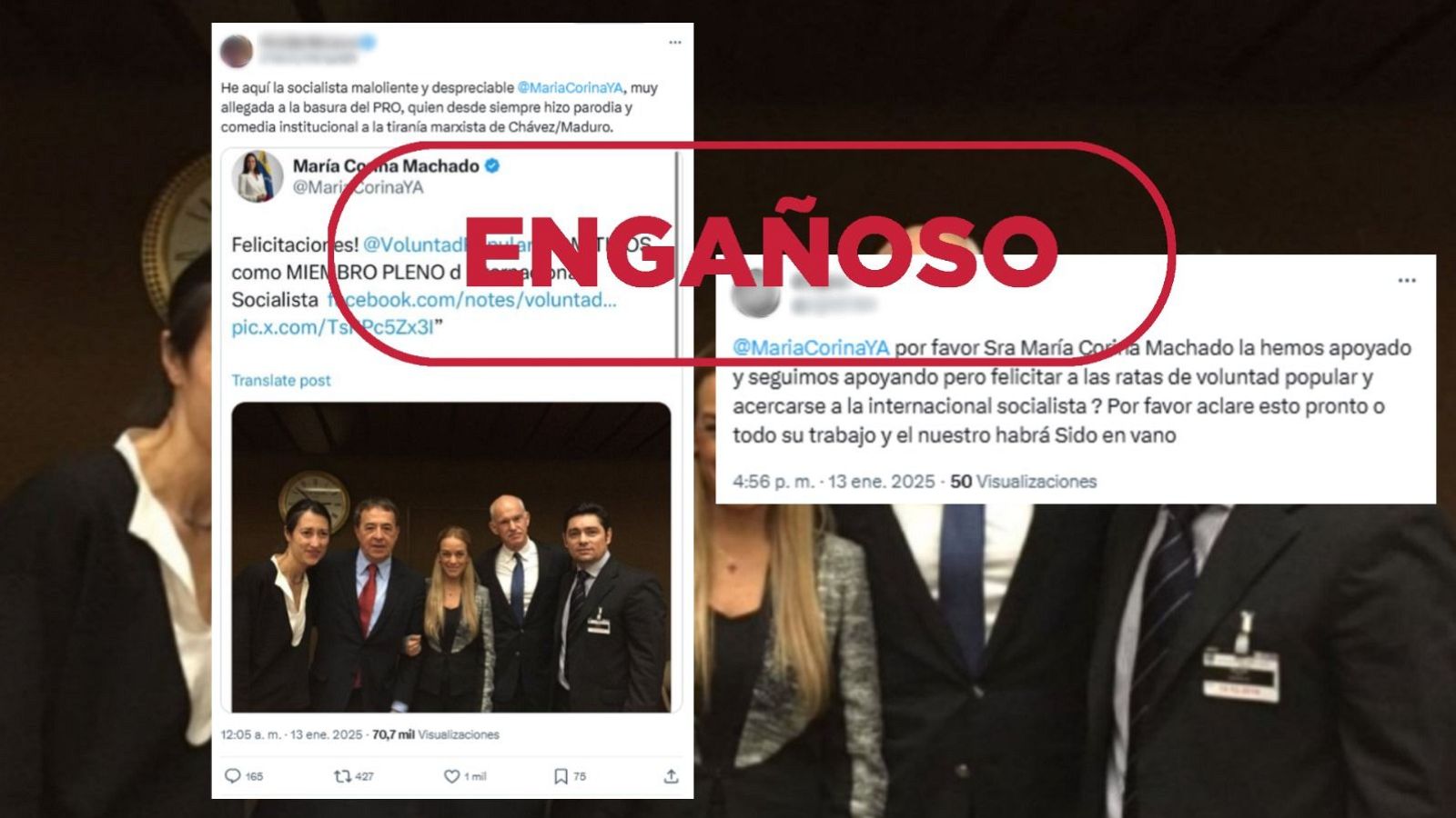 Dos tuits del 13 de enero de 2025: uno muestra una felicitación, marcada como "ENGAÑOSO", y otro la cuestiona.  El primero tiene 70.7k visualizaciones, el segundo 50.