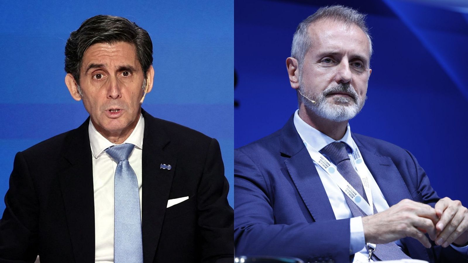 Dos retratos de hombres en traje, uno con corbata azul claro y otro con corbata gris, en un fondo azul.  Uno lleva una acreditación.