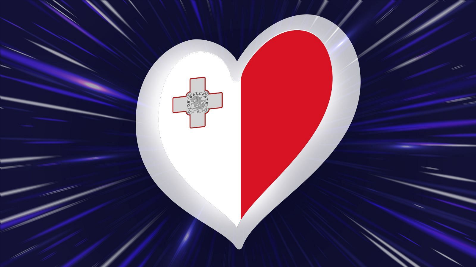 Corazón con bandera de Malta sobre fondo dinámico azul con líneas blancas y violetas. Mitad blanca con Cruz de San Jorge, mitad roja.