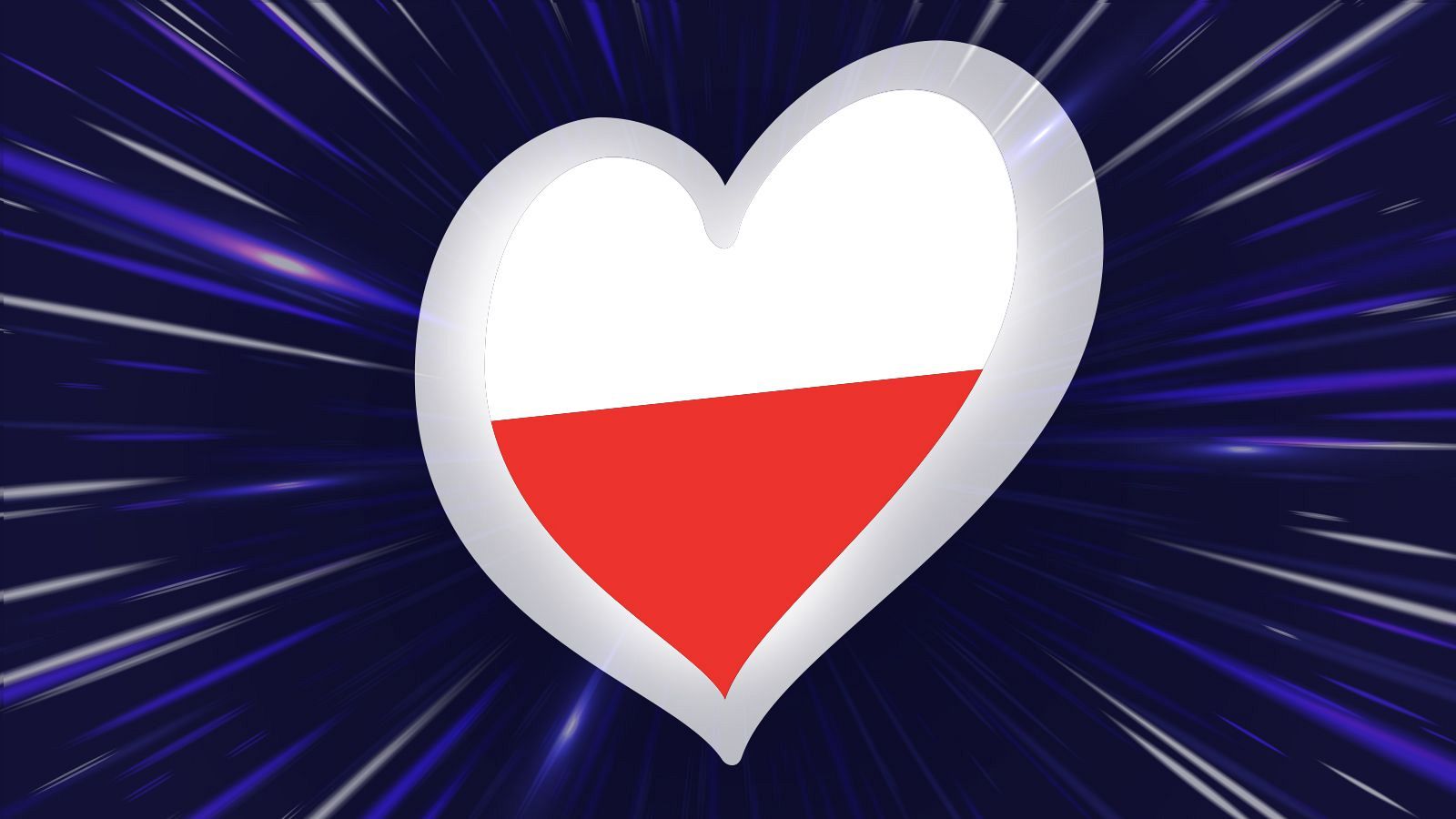 Corazón bicolor (blanco y rojo) sobre fondo azul con líneas blancas radiales.  Posible representación de Polonia.