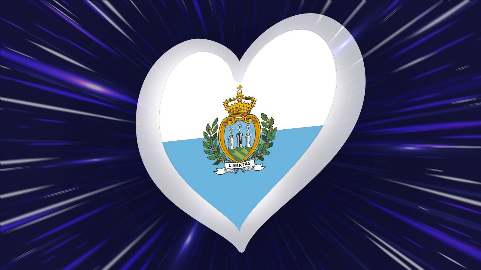 Bandera de San Marino en corazón blanco sobre fondo azul oscuro con destellos.  Se aprecian las franjas blanca y azul, y el escudo con tres torres.