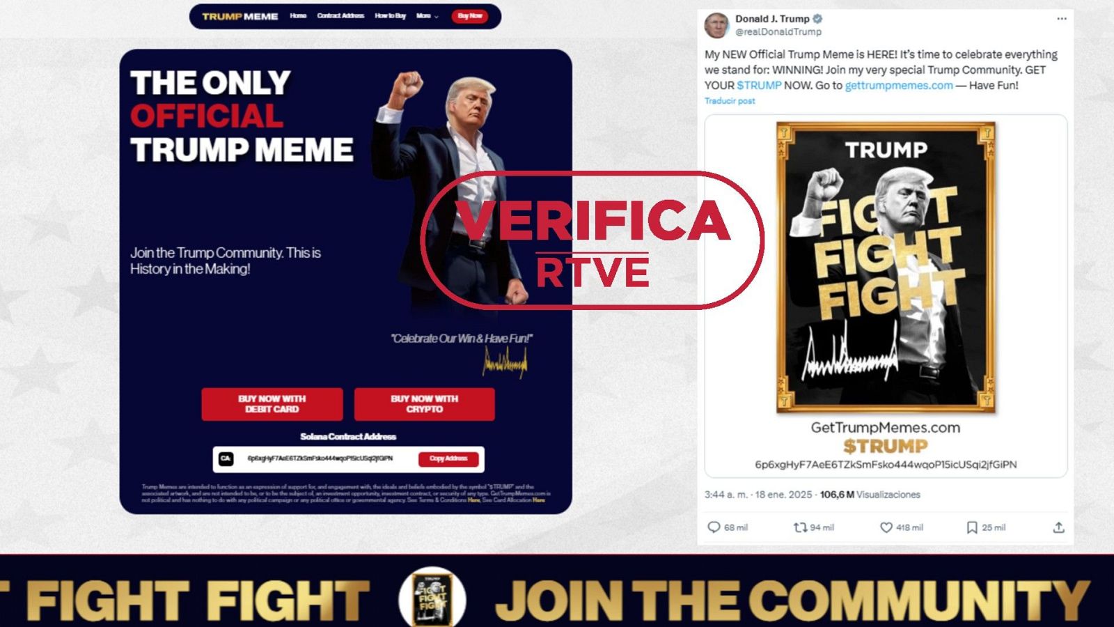 Promoción de "memes" oficiales de Donald Trump con imagen del expresidente y sello de verificación RTVE.  Incluye captura de tuit en X anunciando 'memecoin' (18/01/2025, >100M visualizaciones).